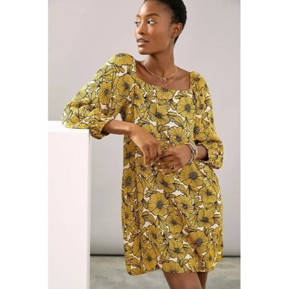 Anthropologie Dress Yellow Morgyn Floral Tunic Square Neck Puff Sleeve NWOT.